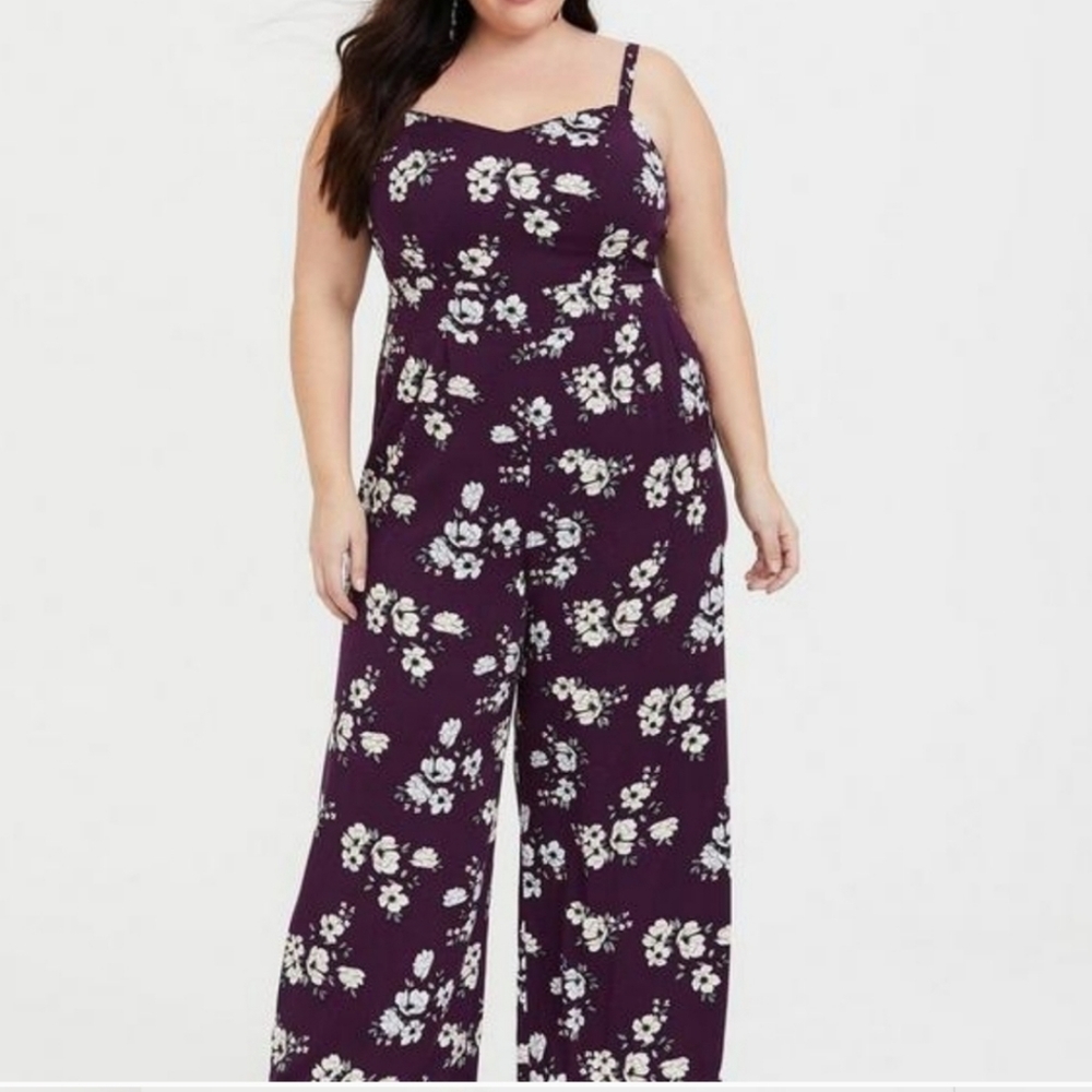 Purple Floral Wide Leg Challis Jumpsuit - Picture 2 of 6